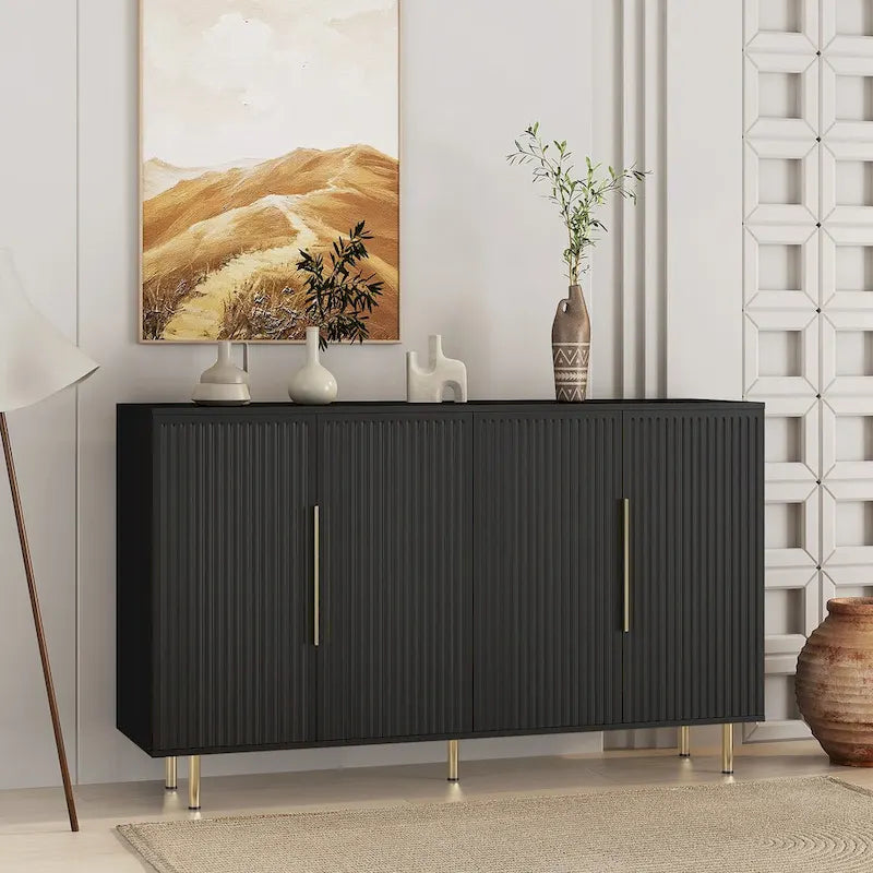 Buffet moderne blanc avec rangement, buffet cannelé grand format avec étagères réglables, meuble console d'appoint