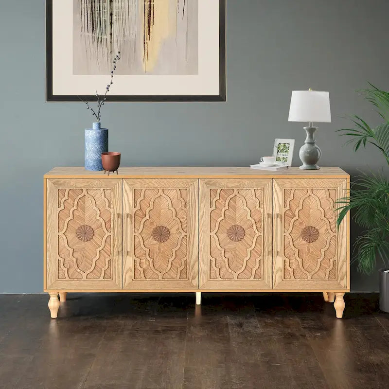 Carved Flower Door Large Storage Cabinet With Metal Handle Suitable For Living Room, Kitchen, Entryway