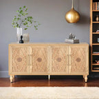 Grand meuble de rangement avec porte à motif floral sculpté et poignée en métal, idéal pour le salon, la cuisine ou l'entrée.