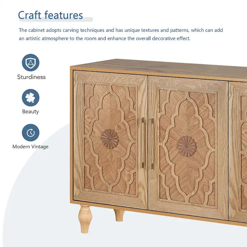 Grand meuble de rangement avec porte à motif floral sculpté et poignée en métal, idéal pour le salon, la cuisine ou l'entrée.