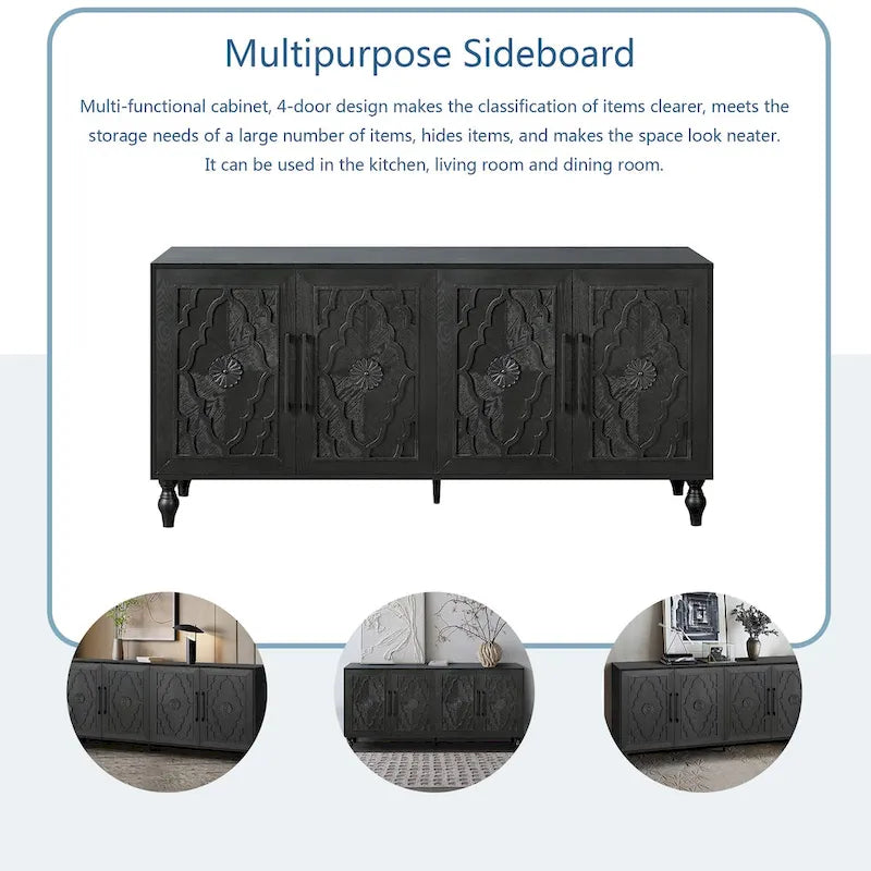 Grand meuble de rangement avec porte à motif floral sculpté et poignée en métal, idéal pour le salon, la cuisine ou l'entrée.