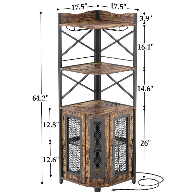 Buffet d'angle en bois de style campagnard avec étagère supérieure