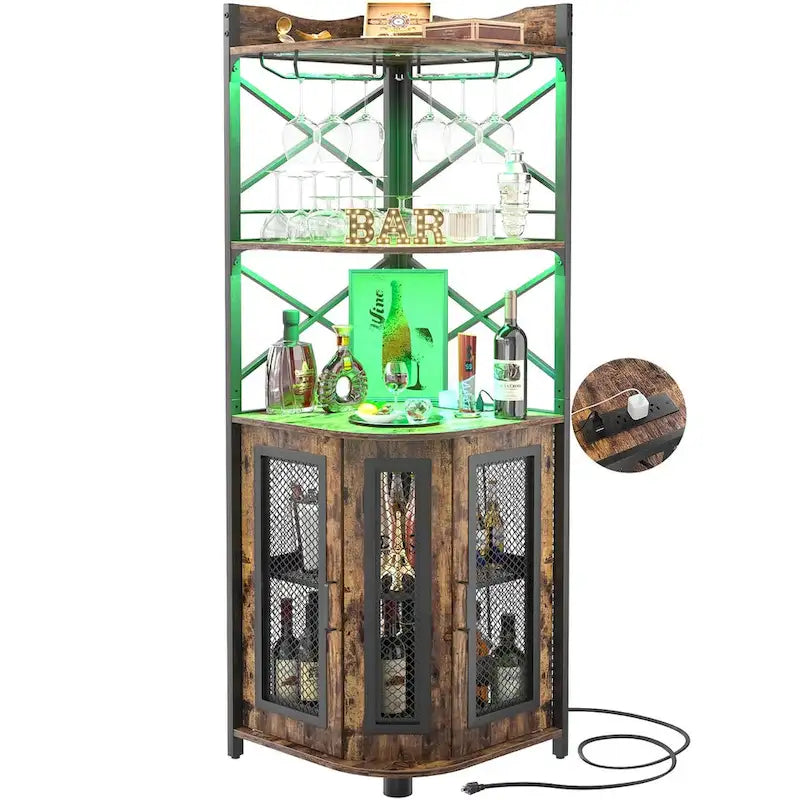 Buffet d'angle en bois de style campagnard avec étagère supérieure