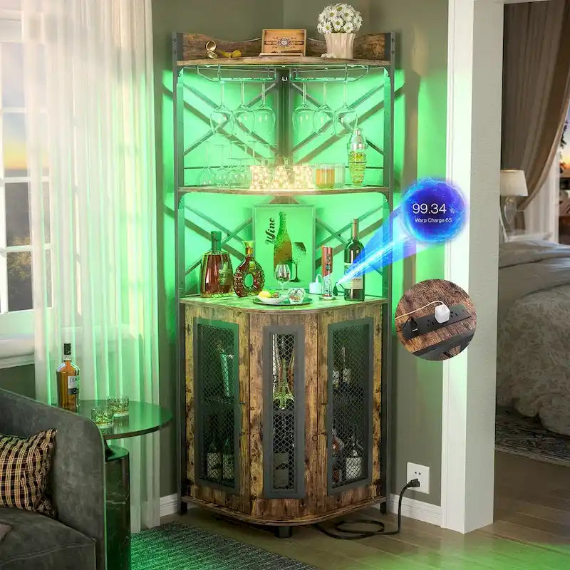 Buffet d'angle en bois de style campagnard avec étagère supérieure