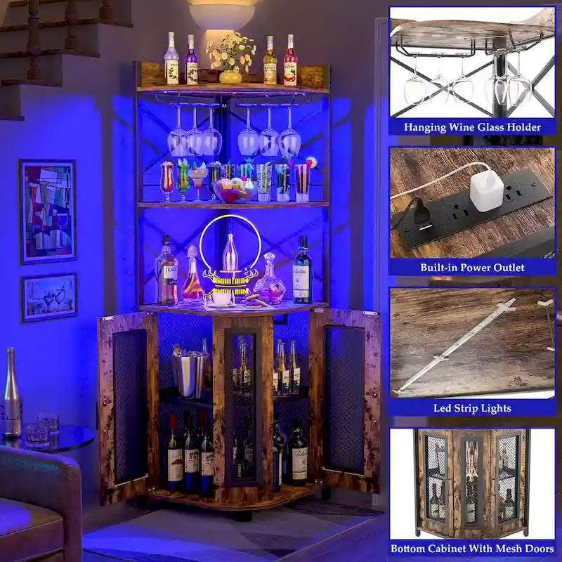 Buffet d'angle en bois de style campagnard avec étagère supérieure