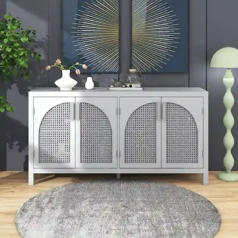 Buffet avec porte en rotin artificiel et poignées en métal pour salon et entrée