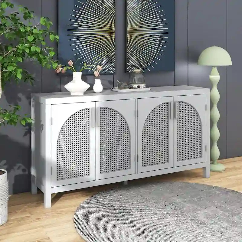Buffet avec porte en rotin artificiel et poignées en métal pour salon et entrée