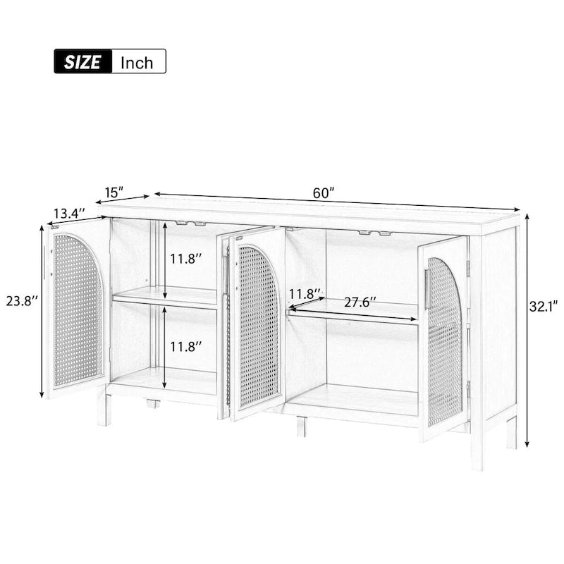 Buffet avec porte en rotin artificiel et poignées en métal pour salon et entrée