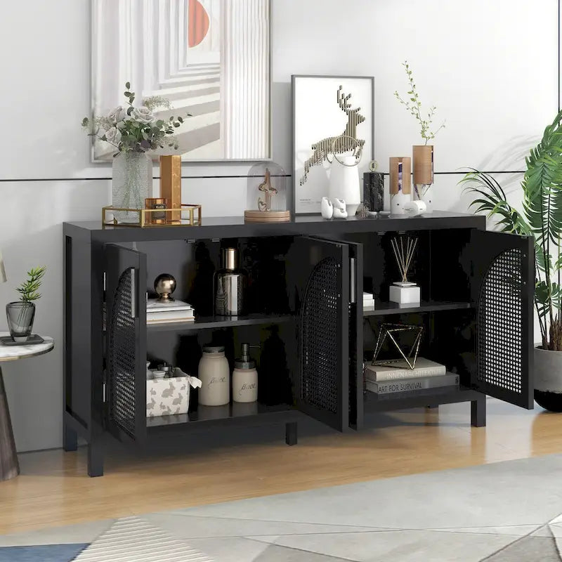 Buffet avec porte en rotin artificiel et poignées en métal pour salon et entrée