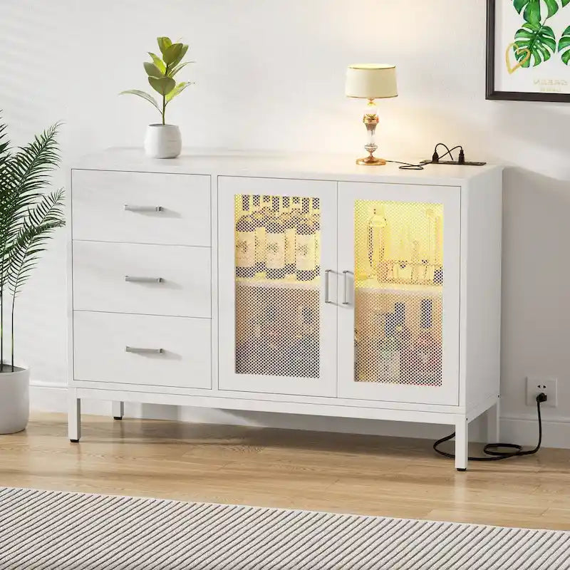 Meuble d'appoint 45 W avec tiroirs et station de charge, buffet de rangement avec éclairage LED