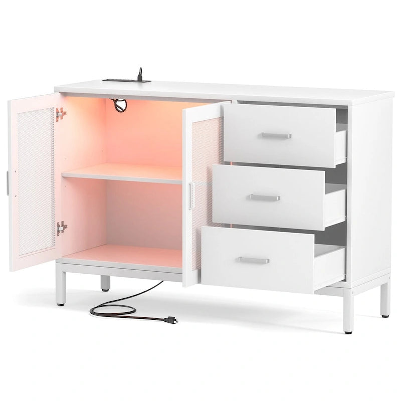 Meuble d'appoint 45 W avec tiroirs et station de charge, buffet de rangement avec éclairage LED