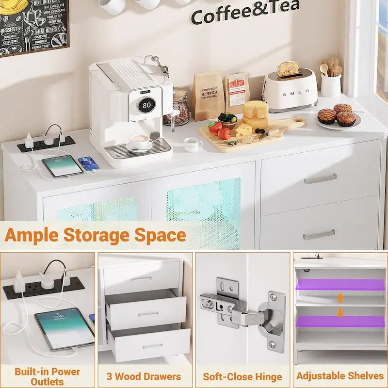Meuble d'appoint 45 W avec tiroirs et station de charge, buffet de rangement avec éclairage LED