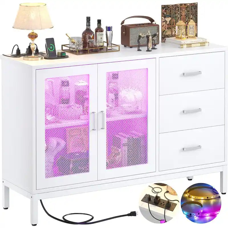 Meuble d'appoint 45 W avec tiroirs et station de charge, buffet de rangement avec éclairage LED