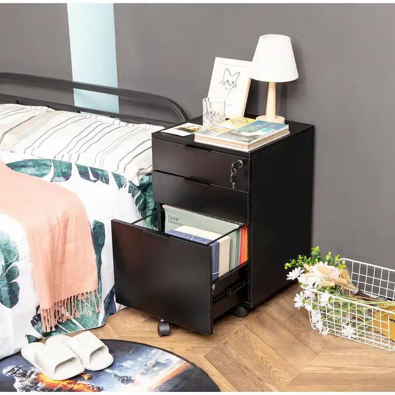 Classeur à roulettes JJS à 3 tiroirs, rangement en bois avec serrure et roulettes