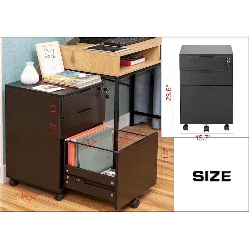 Classeur à roulettes JJS à 3 tiroirs, rangement en bois avec serrure et roulettes