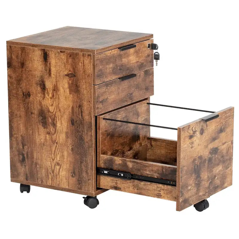 Classeur à roulettes JJS à 3 tiroirs, rangement en bois avec serrure et roulettes