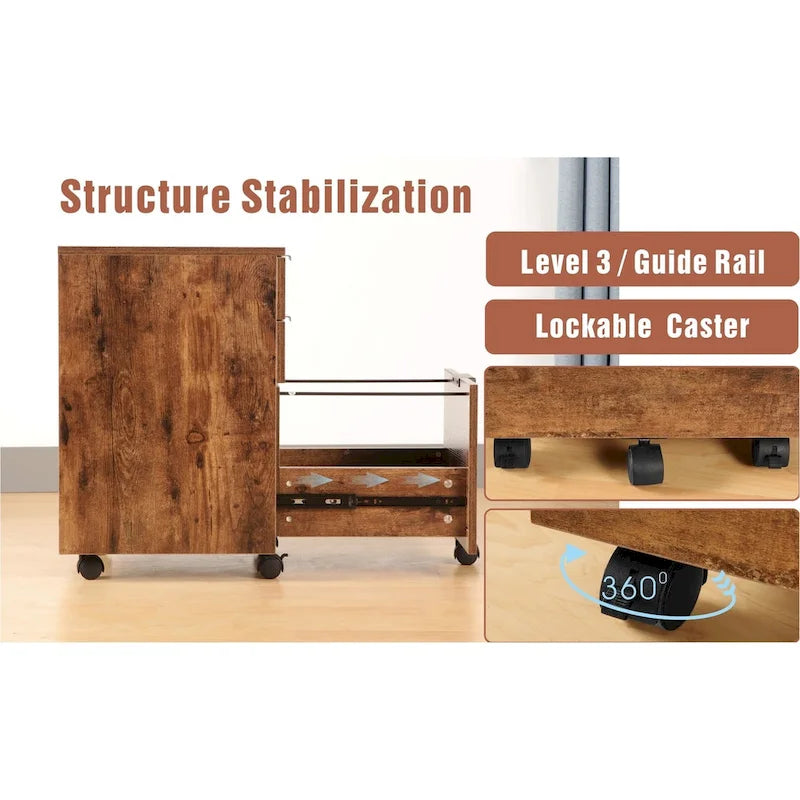 Classeur à roulettes JJS à 3 tiroirs, rangement en bois avec serrure et roulettes