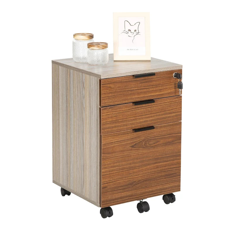 Classeur à roulettes JJS à 3 tiroirs, rangement en bois avec serrure et roulettes