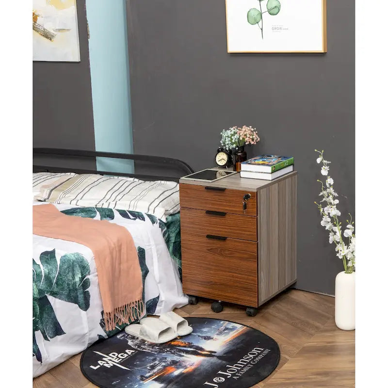 Classeur à roulettes JJS à 3 tiroirs, rangement en bois avec serrure et roulettes