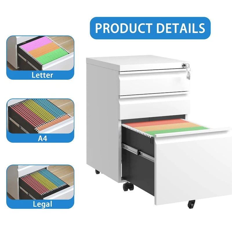 Classeur mobile à 3 tiroirs avec serrure, classeur métallique pour bureau à domicile, formats Lettre/Légal/A4, entièrement assemblé