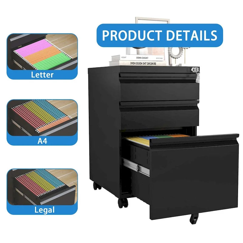 Classeur mobile à 3 tiroirs avec serrure, classeur métallique pour bureau à domicile, formats Lettre/Légal/A4, entièrement assemblé