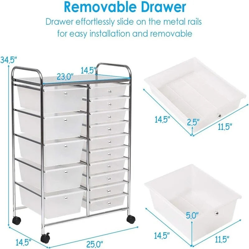 Chariot de rangement à roulettes à 15 tiroirs - 14,5 cm (P) x 25 cm (L) x 34,5 cm (H)