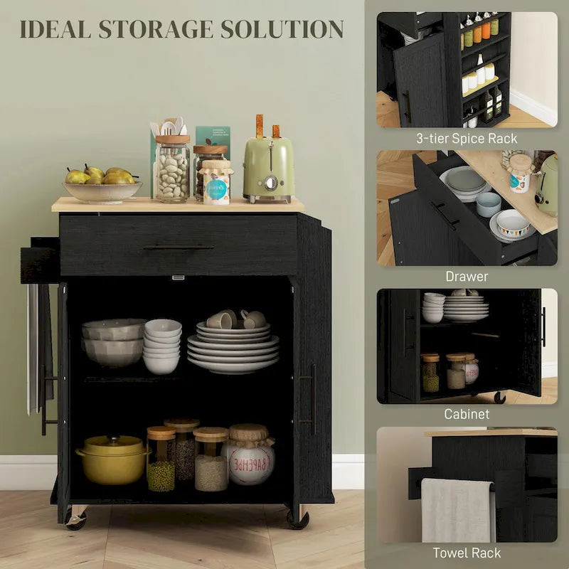 Îlot de cuisine mobile avec rangements, prises secteur et ports USB