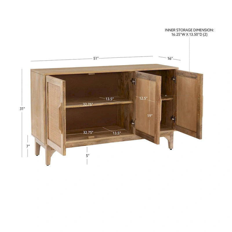 Armoire à trois portes Spence en rotin de bois de manguier naturel