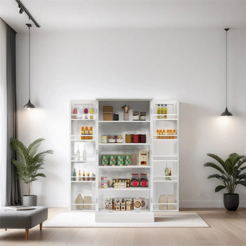 Freestanding LED Kitchen Pantry Cabinet with 2 Doors and Shelves - N/A