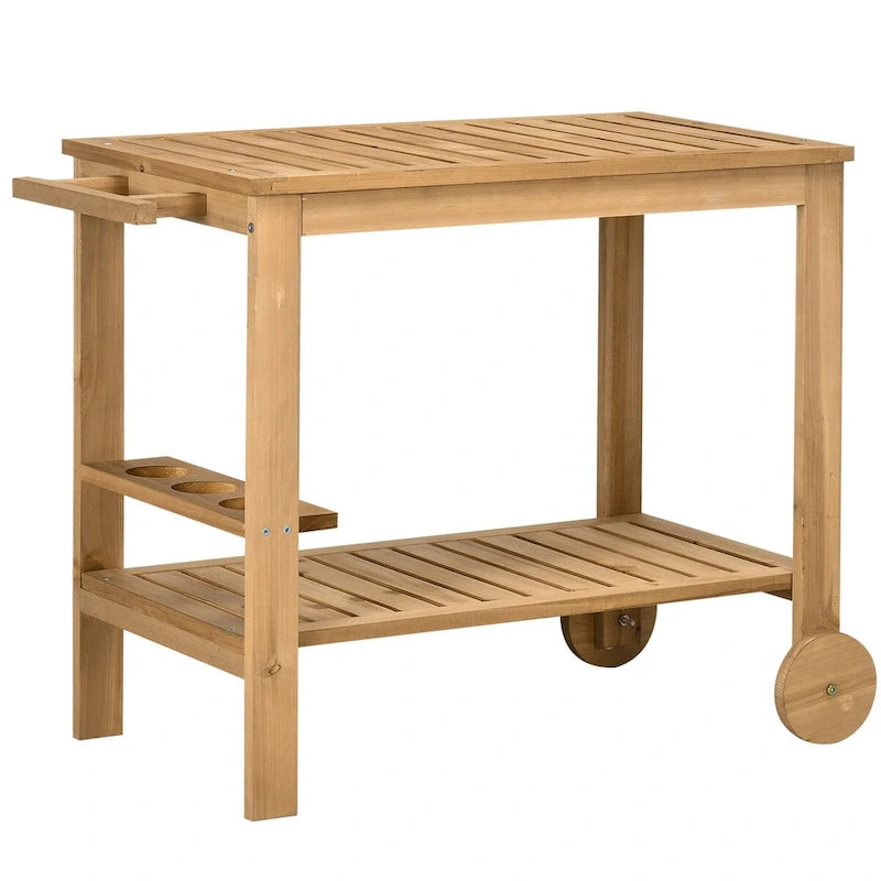 Chariot de bar d'extérieur, chariot de bar et de service roulant en bois avec 2 étagères