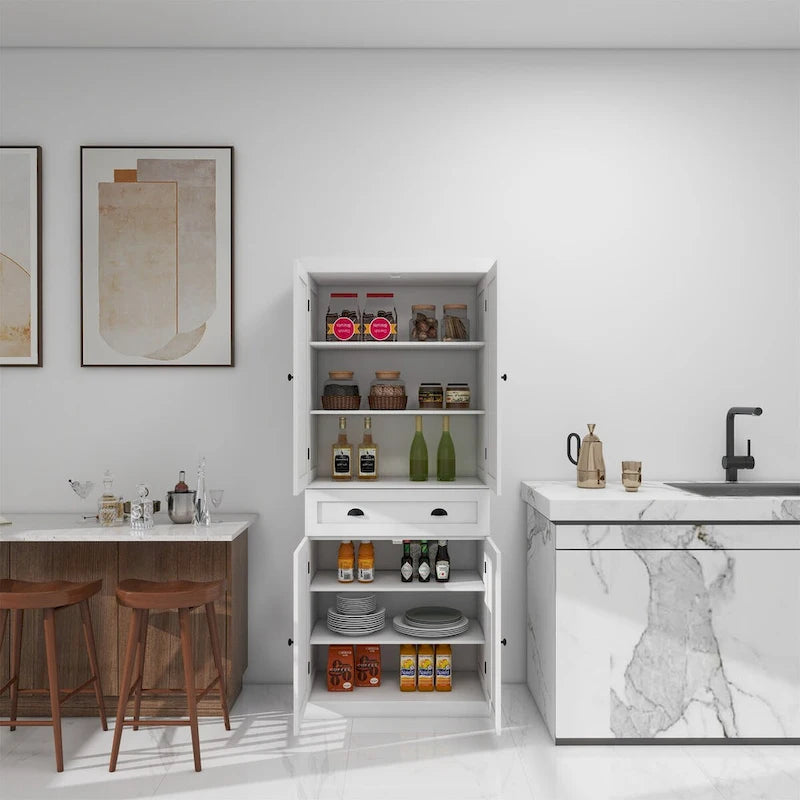 Armoires blanches à quatre portes et un tiroir