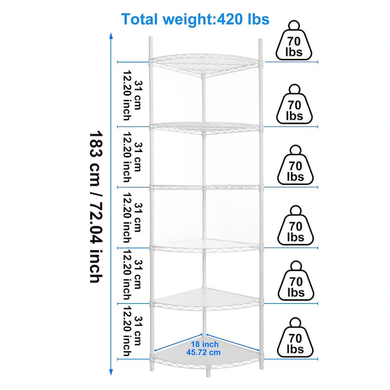 Étagère d'angle à 6 niveaux, réglable, en fil métallique