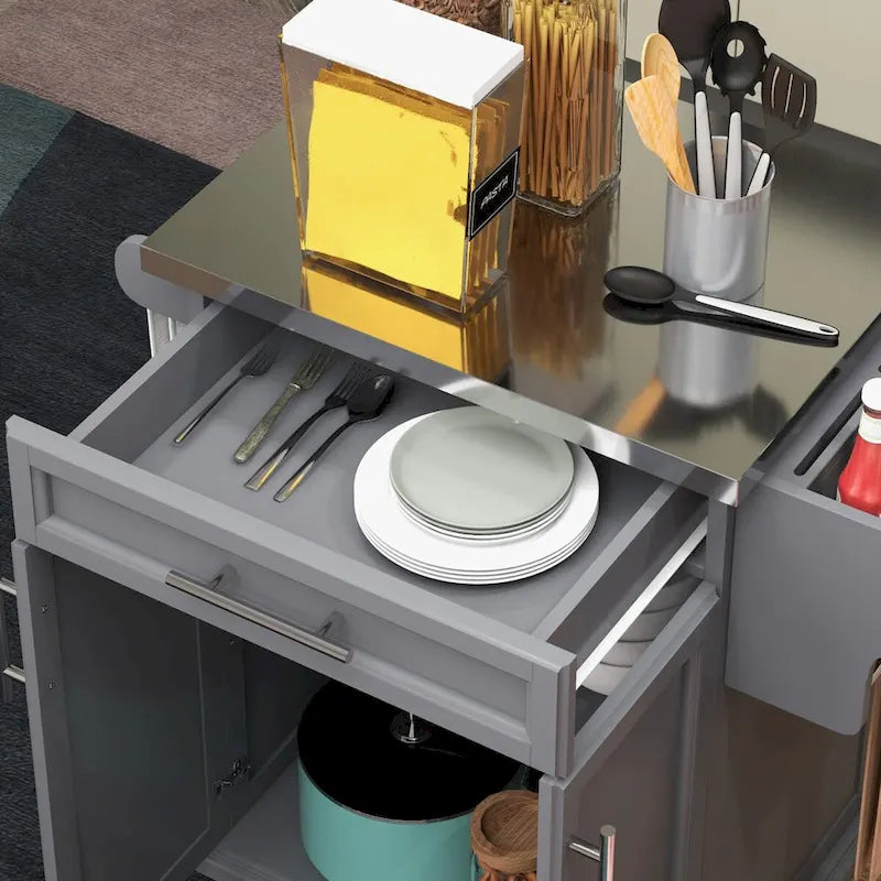 Îlot de cuisine mobile sur roulettes avec comptoir en acier inoxydable