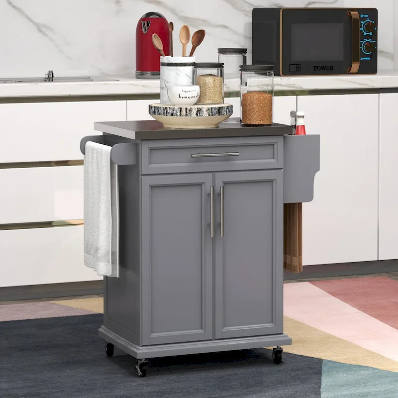 Îlot de cuisine mobile sur roulettes avec comptoir en acier inoxydable