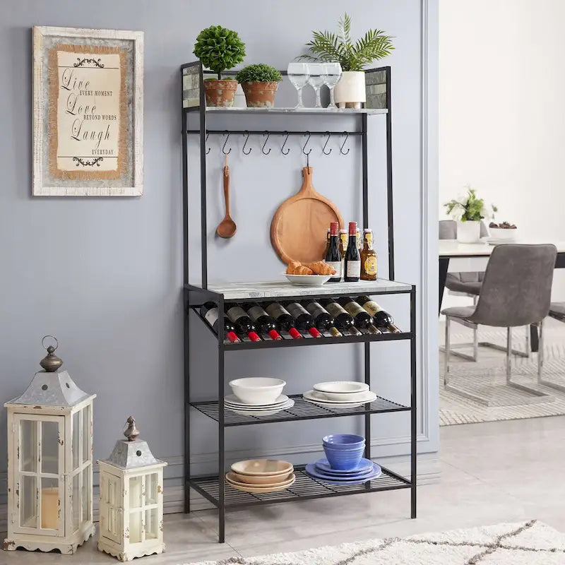 Bakers Rack with Storage Shelfs, Wine Rack and Hooks - Microwave Stand for Home Kitchen/Dining Room, Black/Gray