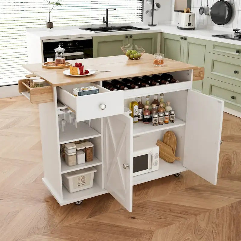 Îlot de cuisine de 112 cm avec plateau en bois massif, étagère à épices, porte-verres à vin, table roulante sur roulettes, installation sans outil
