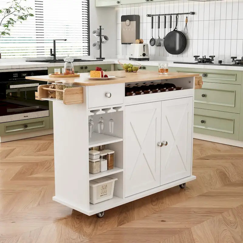 Îlot de cuisine de 112 cm avec plateau en bois massif, étagère à épices, porte-verres à vin, table roulante sur roulettes, installation sans outil