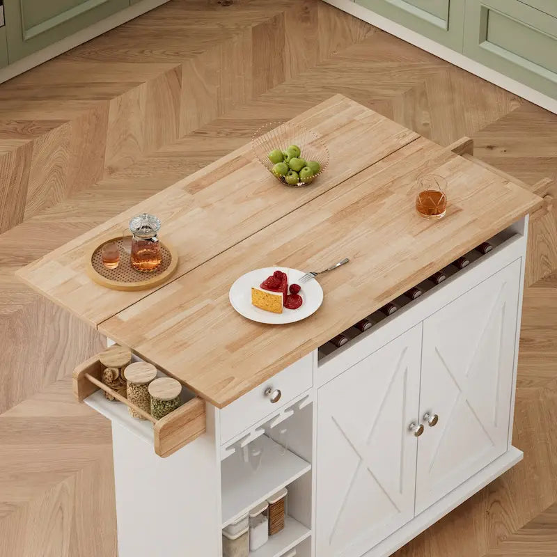 Îlot de cuisine de 112 cm avec plateau en bois massif, étagère à épices, porte-verres à vin, table roulante sur roulettes, installation sans outil