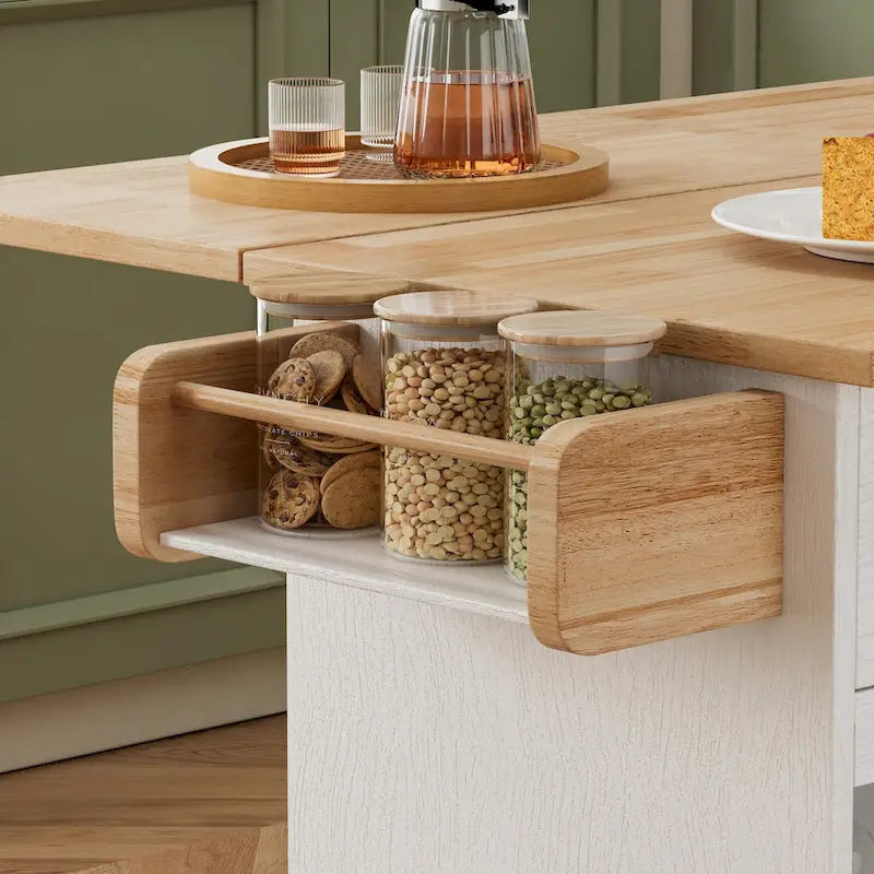 Îlot de cuisine de 112 cm avec plateau en bois massif, étagère à épices, porte-verres à vin, table roulante sur roulettes, installation sans outil