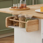 Îlot de cuisine de 112 cm avec plateau en bois massif, étagère à épices, porte-verres à vin, table roulante sur roulettes, installation sans outil