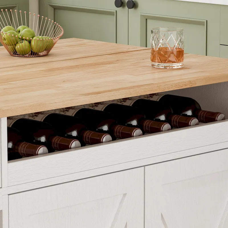 Îlot de cuisine de 112 cm avec plateau en bois massif, étagère à épices, porte-verres à vin, table roulante sur roulettes, installation sans outil