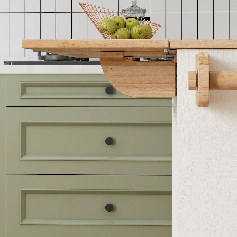 Îlot de cuisine de 112 cm avec plateau en bois massif, étagère à épices, porte-verres à vin, table roulante sur roulettes, installation sans outil