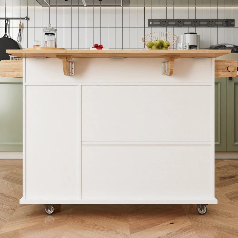 Îlot de cuisine de 112 cm avec plateau en bois massif, étagère à épices, porte-verres à vin, table roulante sur roulettes, installation sans outil