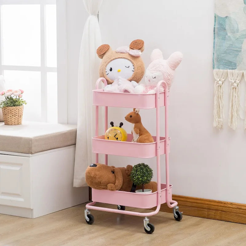 Chariot de rangement à 3 niveaux en métal rose avec roulettes - 31*14*18