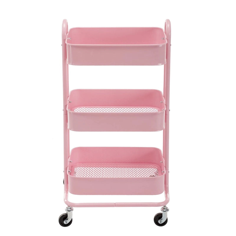 Chariot de rangement à 3 niveaux en métal rose avec roulettes - 31*14*18