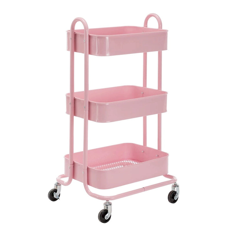 Chariot de rangement à 3 niveaux en métal rose avec roulettes - 31*14*18