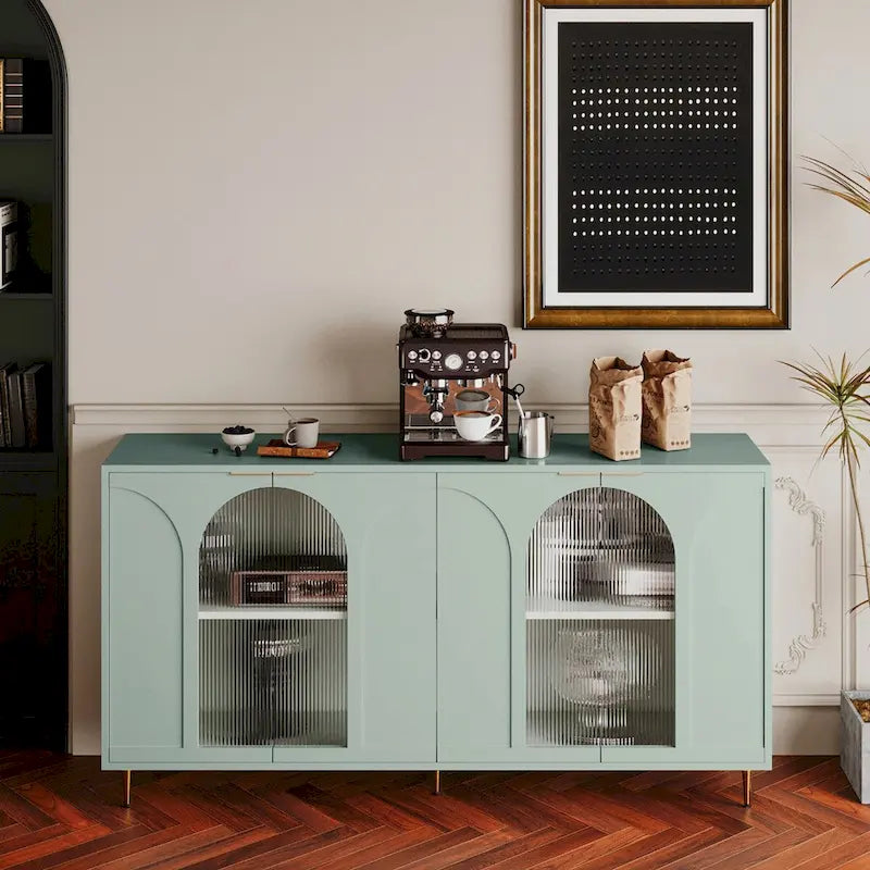 Buffet laqué à 4 portes vitrées, meuble de rangement pour salon, vert menthe