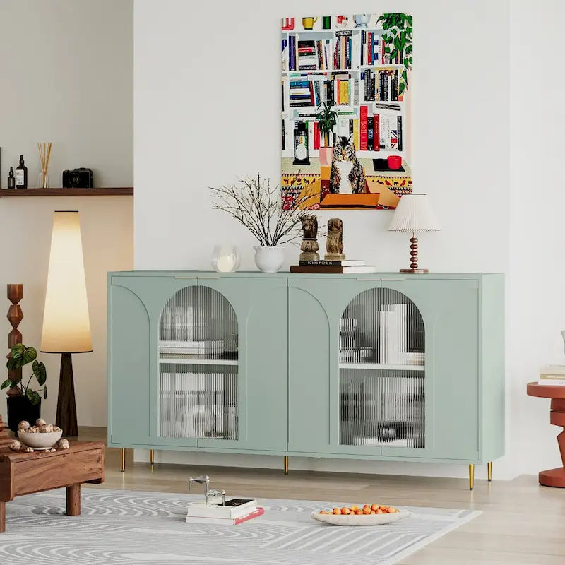 Buffet laqué à 4 portes vitrées, meuble de rangement pour salon, vert menthe