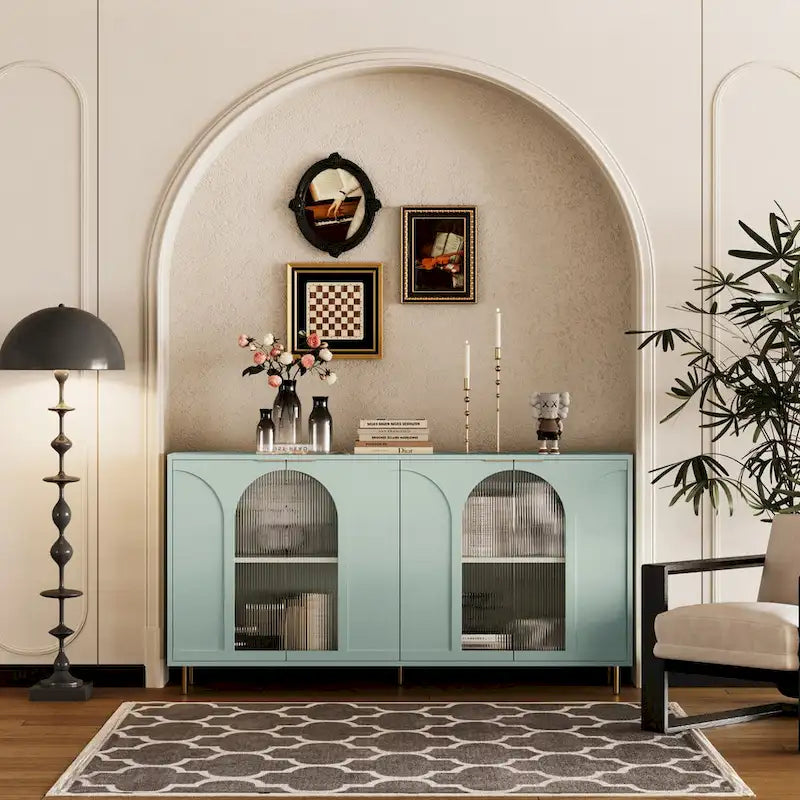 Buffet laqué à 4 portes vitrées, meuble de rangement pour salon, vert menthe