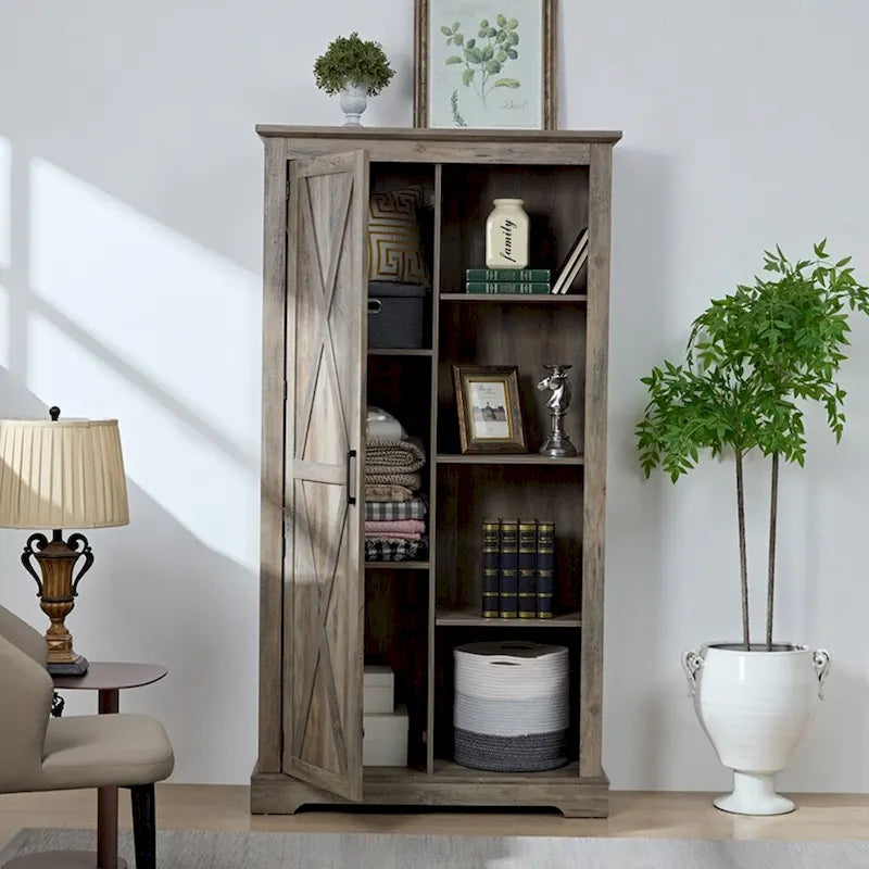 Armoire de rangement haute en bois avec porte de grange